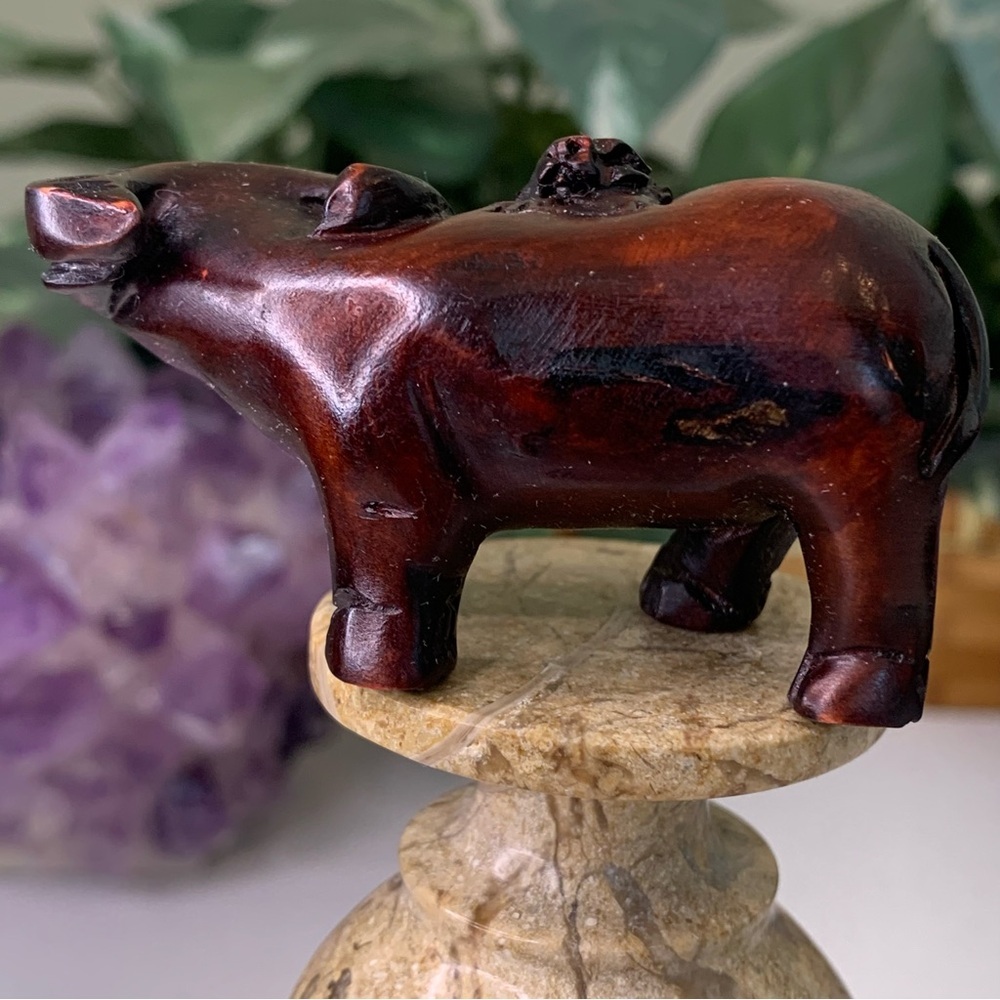 Vintage Boxwood Ox With Monkey Netsuke Hand Carved Animal Figurine Wood Carving - Picture 7 of 13